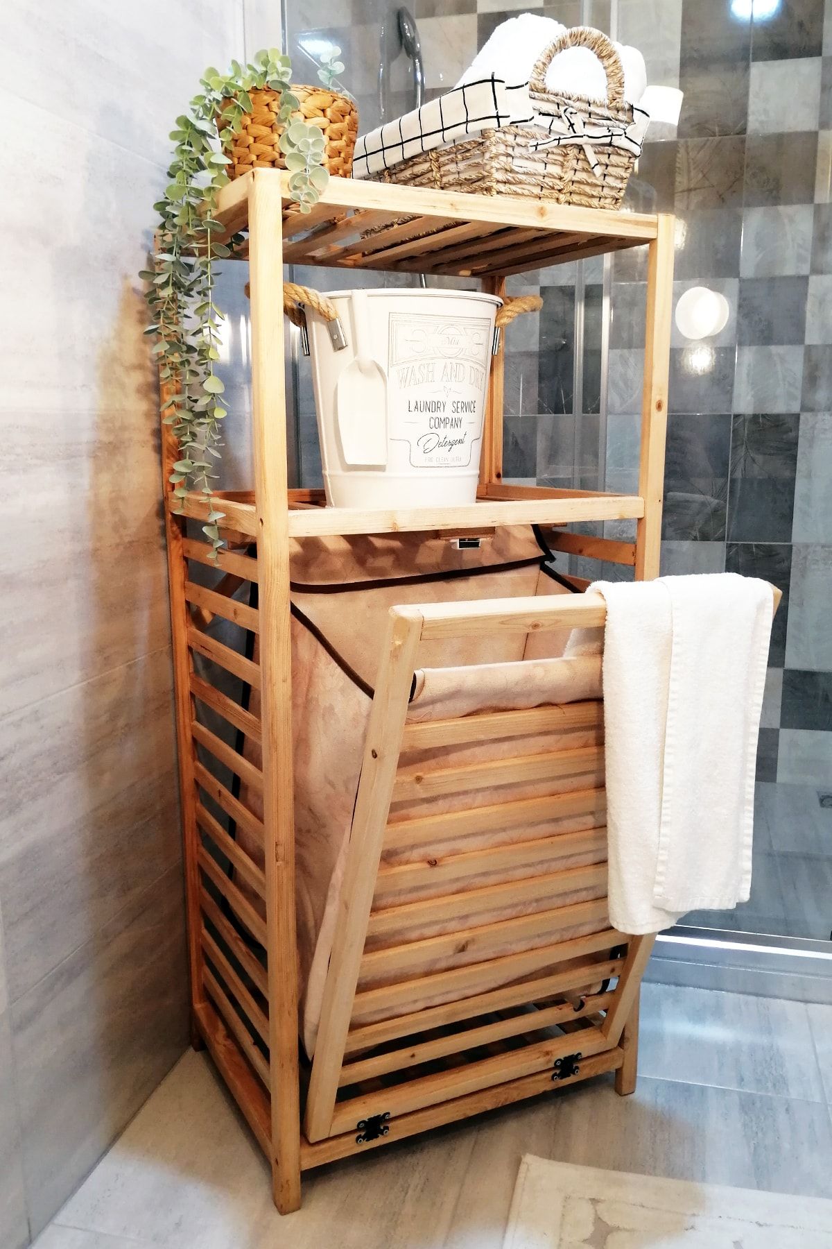 Digithome Ahşap Kirli Sepetli Banyo Düzenleyici Raf - Ni21ahş004